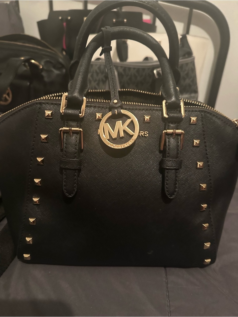 Michael Kors Black Saffiano Dome Satchel with Gold Hardware and Studs
